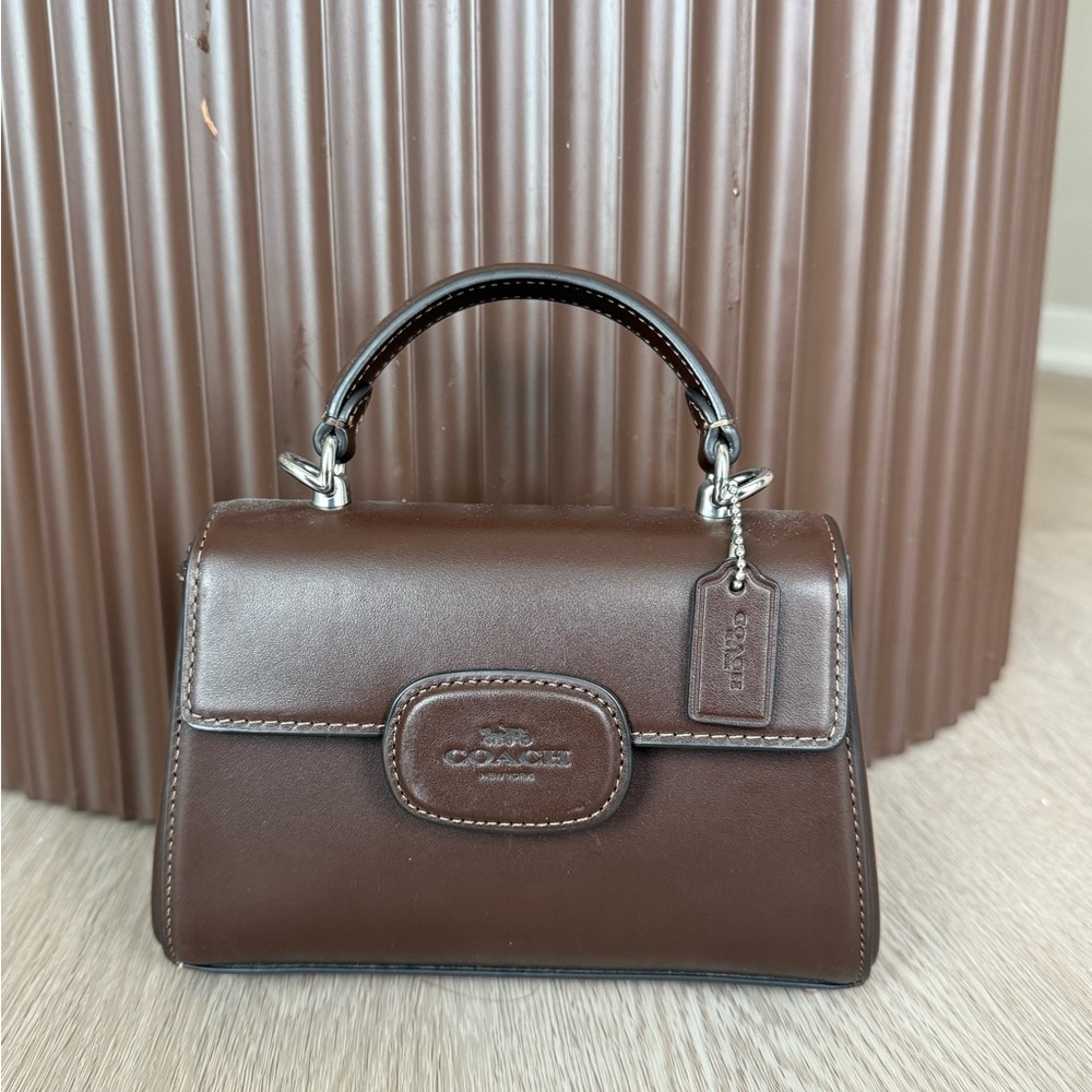 Coach Dark Brown Leather Top-Handle Satchel with Silver Hardware